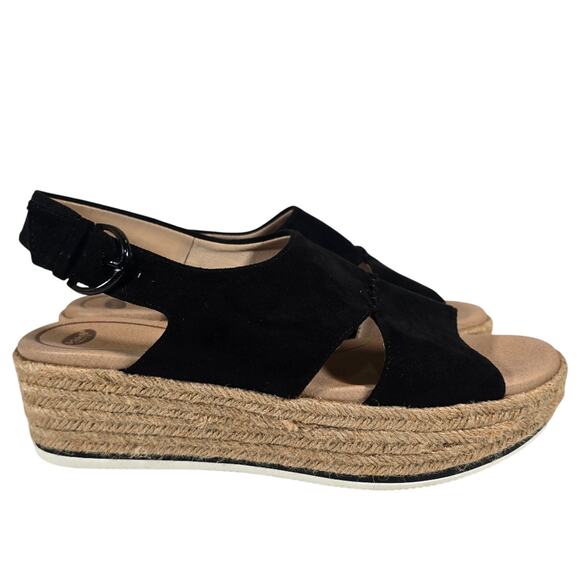 L Dr. Scholl's Catch 22 Black Suede Espadrille Slingback Wedge Sandals Size 8 - Picture 1 of 11
